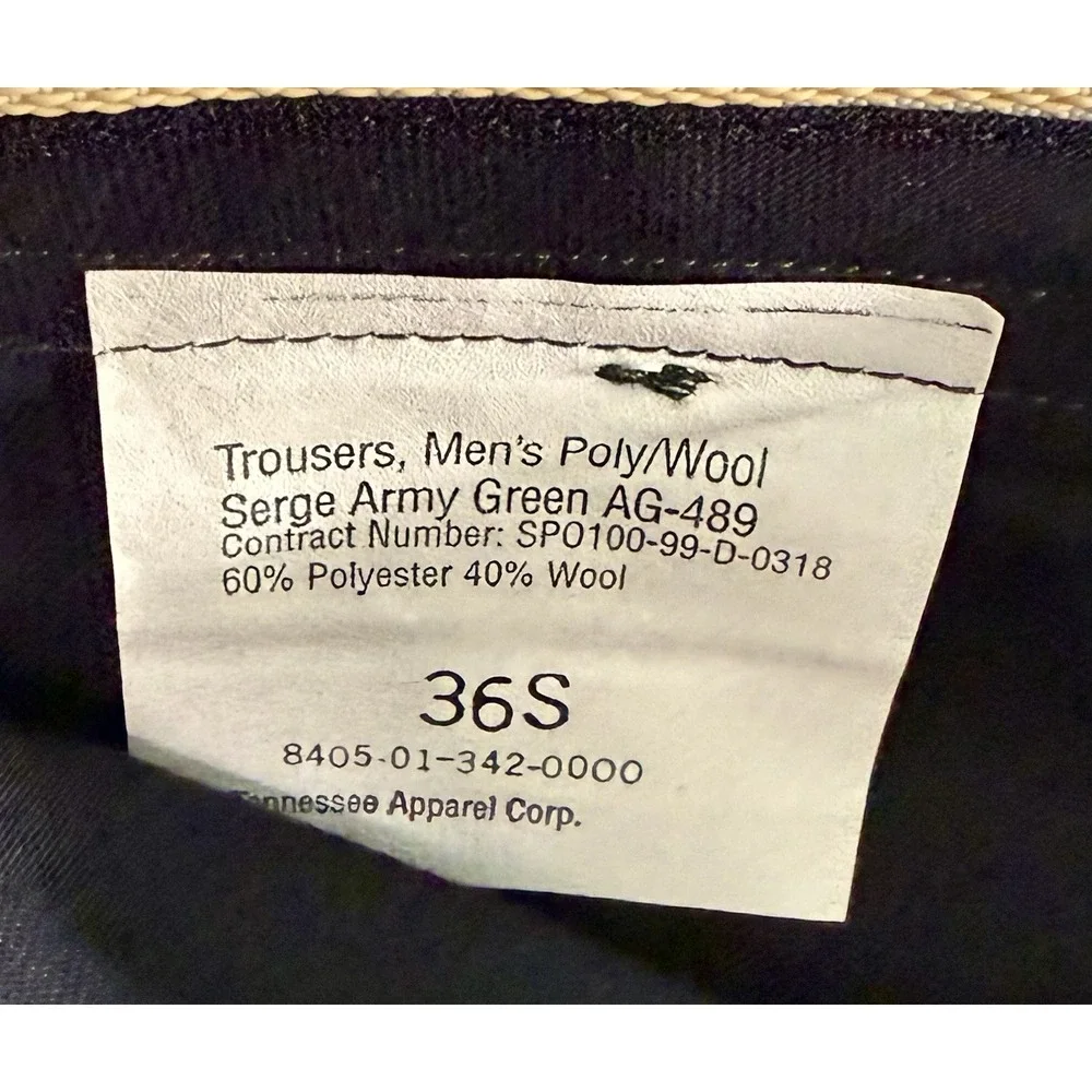 Tennessee Apparel Corp Mens Army Green AG-489 Poly Wool Dress Trousers 36S